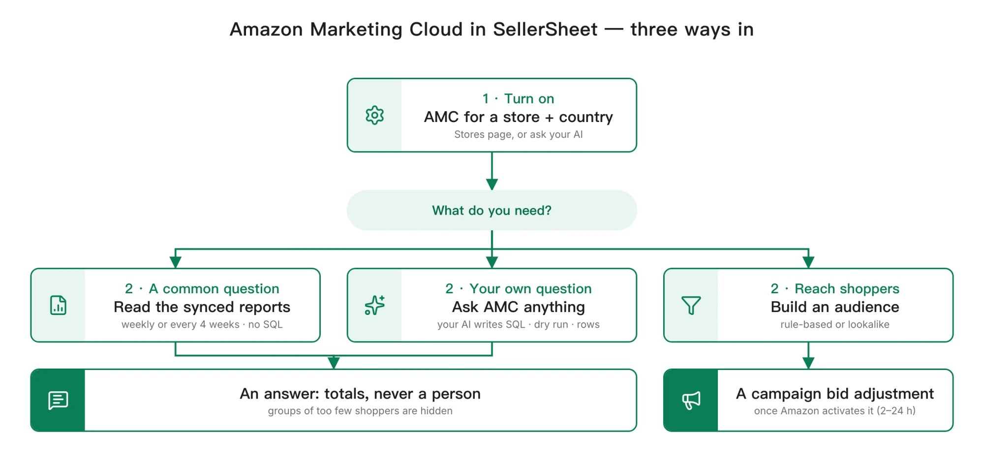 The three ways in. 1, turn AMC on for a store and country, on the Stores page or by asking your AI. Then, depending on what you need: read the synced reports for a common question (weekly or every 4 weeks, no SQL), ask AMC anything (your AI writes the SQL, dry-runs it and reads back rows), or build an audience (rule-based or lookalike). The first two end in an answer with totals only and small groups hidden; the audience ends as a bid adjustment on a campaign once Amazon activates it, in 2–24 hours