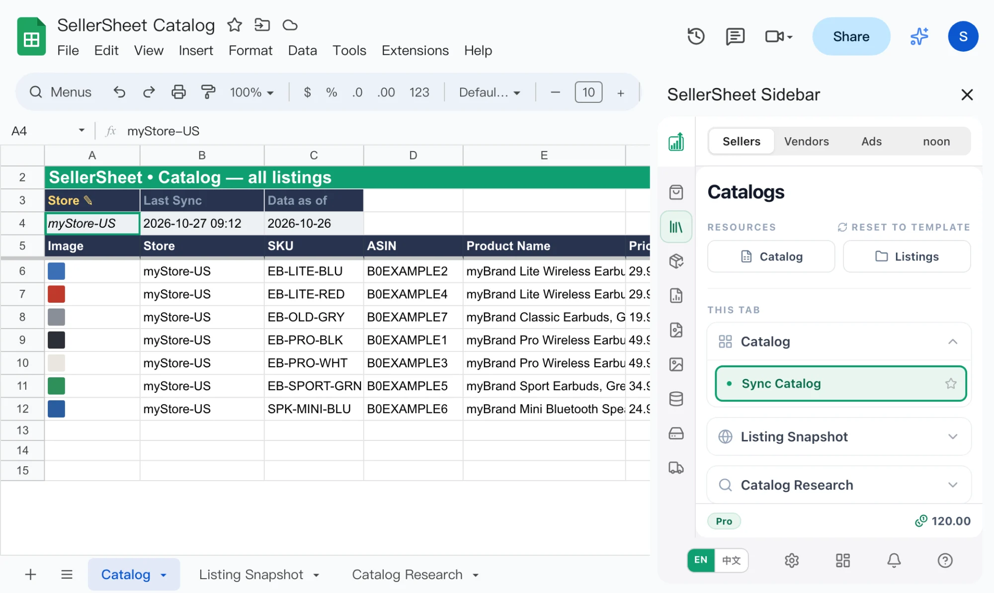 The Catalog tab next to the SellerSheet sidebar. A4 holds myStore-US and is outlined; B4 shows the last sync time and C4 the data date. From row 6, one row per SKU sorted A to Z: a thumbnail, the store, SKU, ASIN and product name. In the sidebar the Catalog group is open with Sync Catalog highlighted