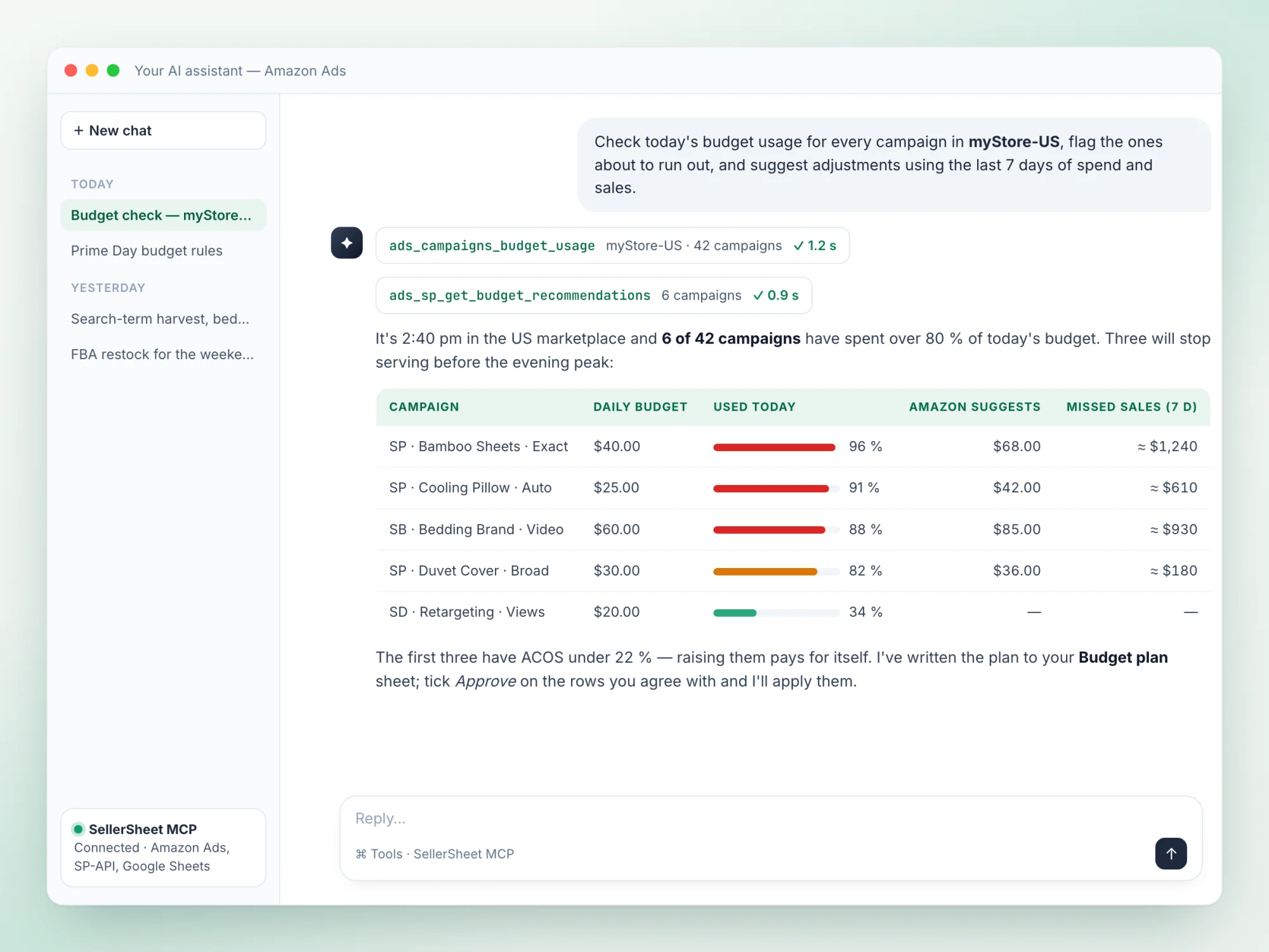 An AI assistant checks today's budget usage for myStore-US: three campaigns are above 88 % at 2:40 pm, next to Amazon's suggested budget and the sales they missed in the last 7 days