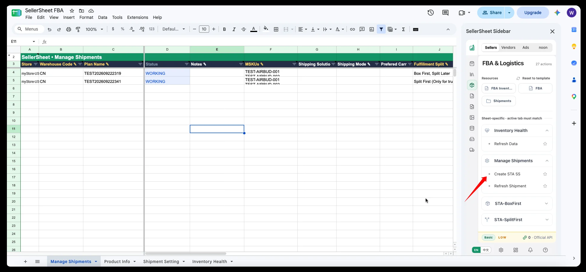 The FBA workbook's Manage Shipments tab with the sidebar's FBA & Logistics panel; a red arrow points at Create STA SS