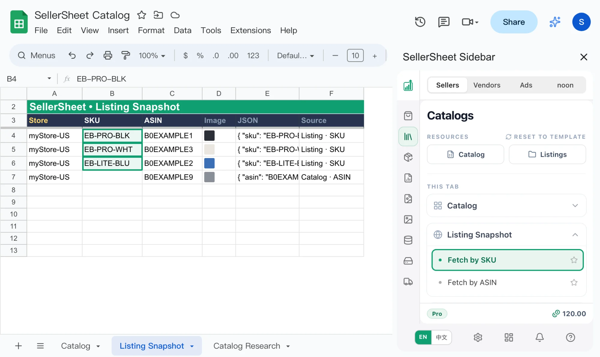 The Listing Snapshot tab next to the SellerSheet sidebar. Rows 4 to 6 are fetched by SKU — myStore-US, EB-PRO-BLK, EB-PRO-WHT and EB-LITE-BLU, with their ASIN, thumbnail, JSON and source "Listing · SKU". Row 7 is an ASIN-only row fetched by ASIN, source "Catalog · ASIN". In the sidebar the Listing Snapshot group is open with Fetch by SKU highlighted