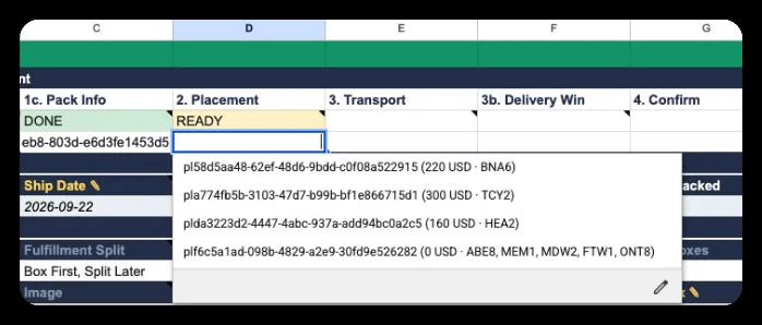 The placement dropdown in progress cell 2: four options, each with its placement fee and destination