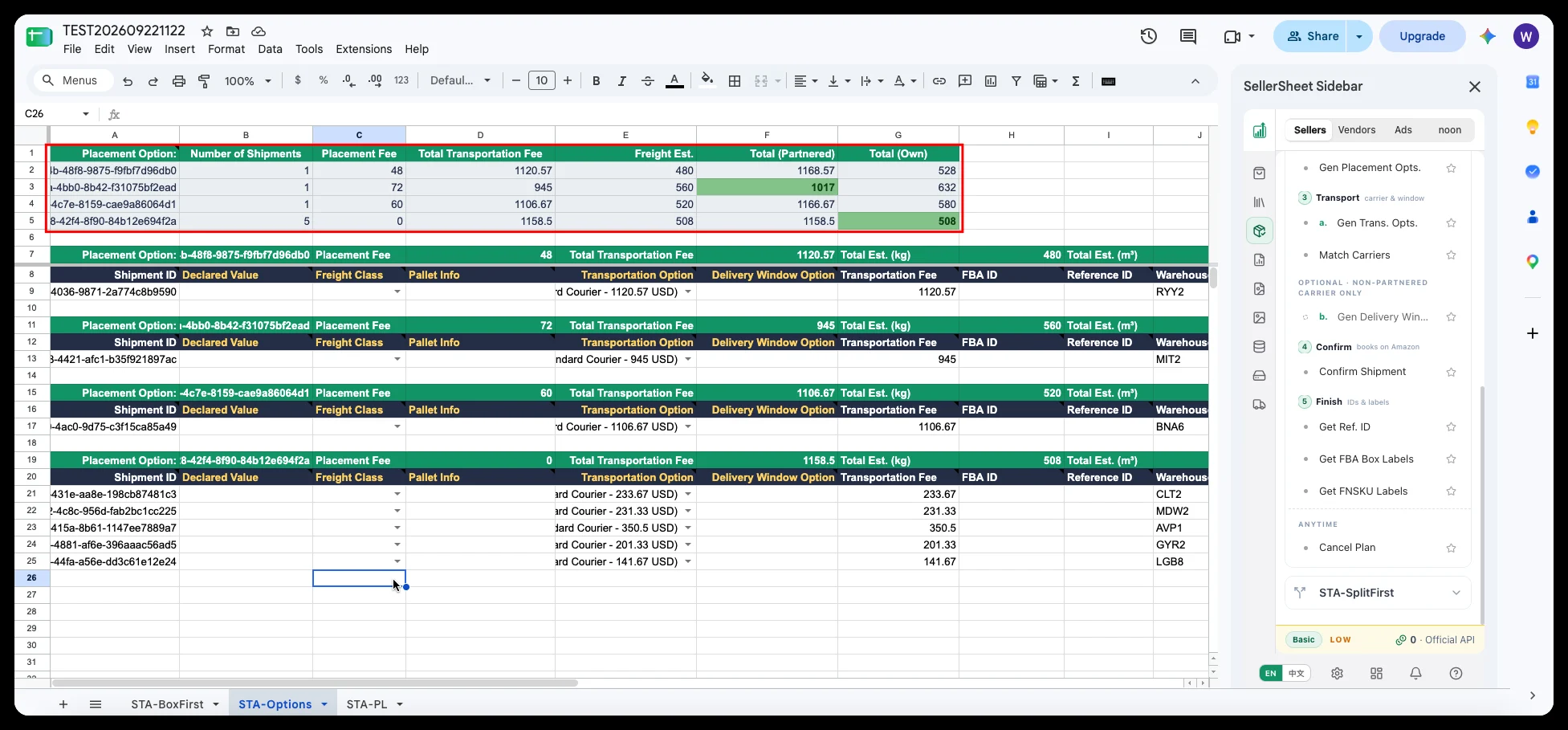 The STA-Options summary: four placement options with placement fee, transportation fee, own-freight estimate and the two totals, lowest in green