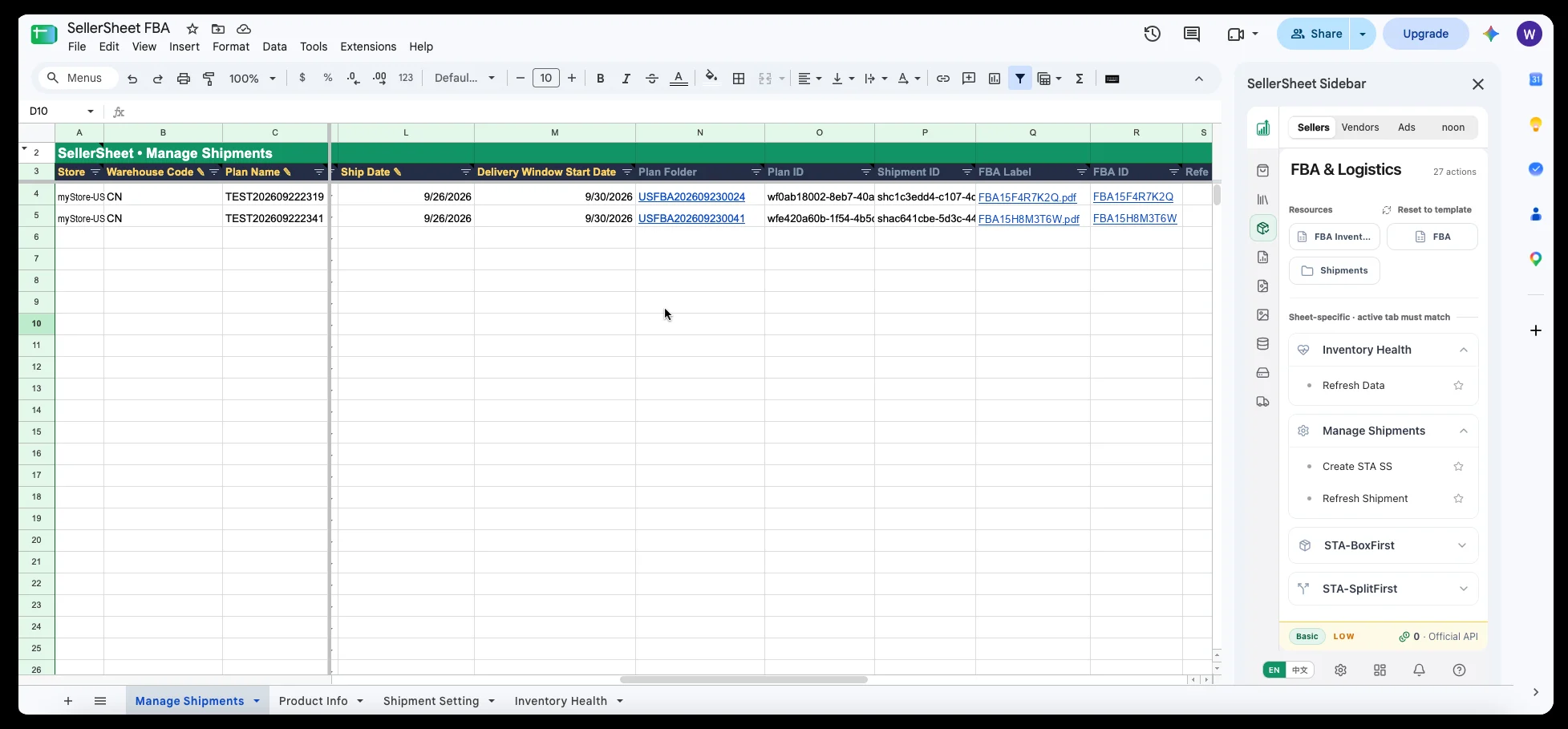 Manage Shipments after confirming: two plans with plan folder, plan ID, shipment ID, box-label PDF link and FBA ID