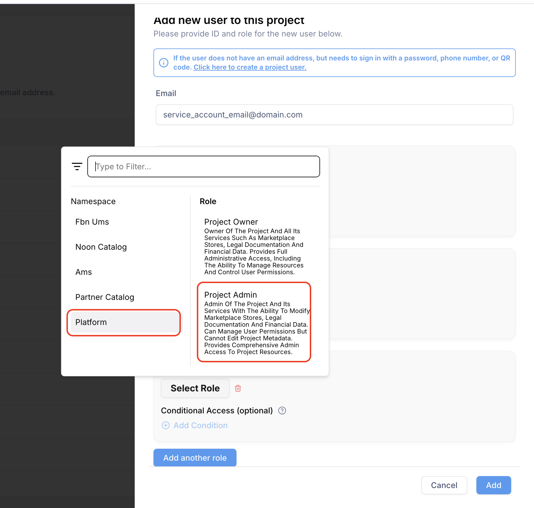 Role selection for the service account: Platform → Project Admin