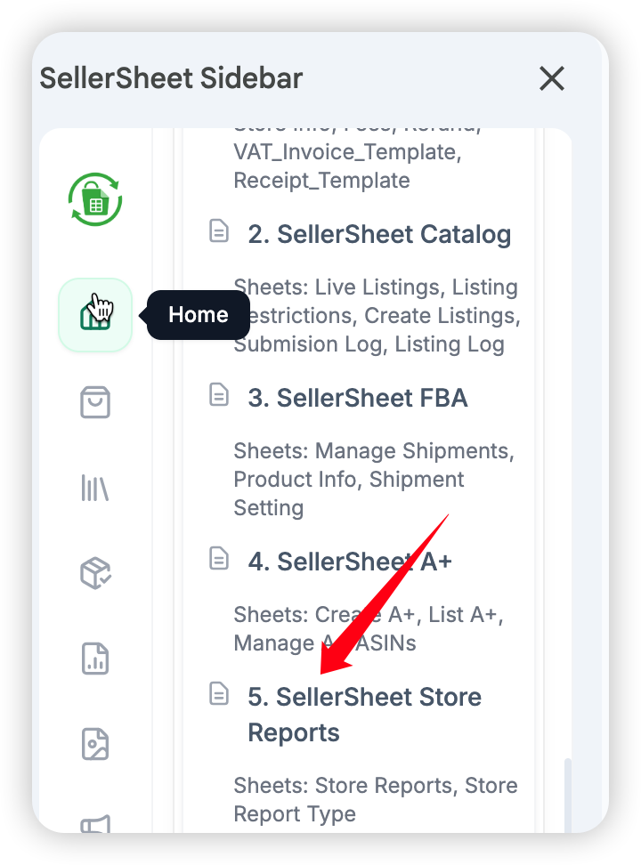 Opening the Store Reports spreadsheet from the sidebar