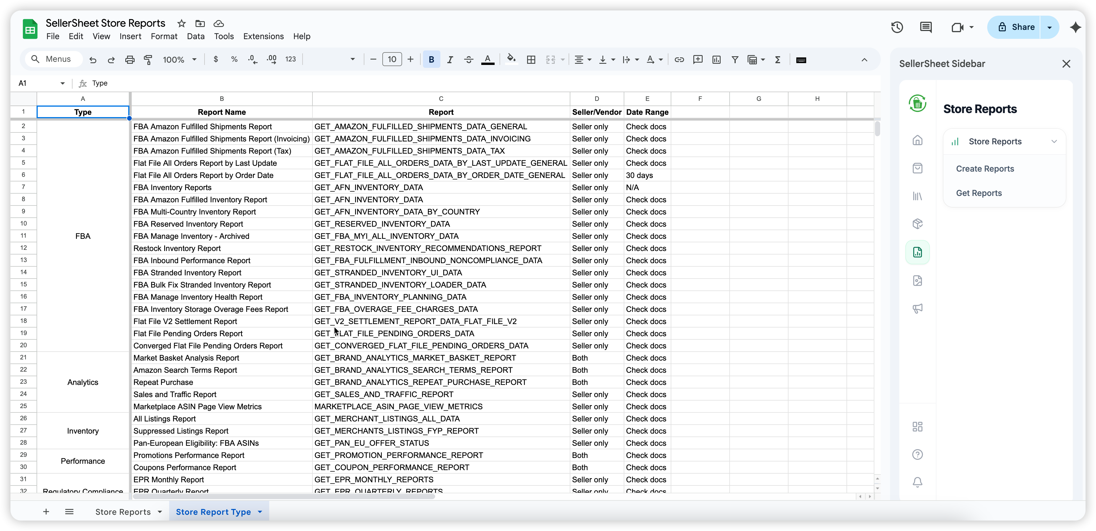 Store Report Type sheet listing the available reports