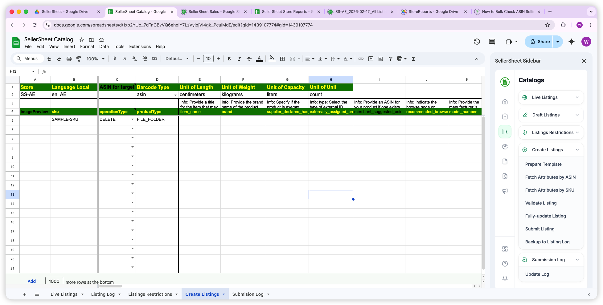 Create Listings sheet with configuration rows, column headers, and sidebar buttons