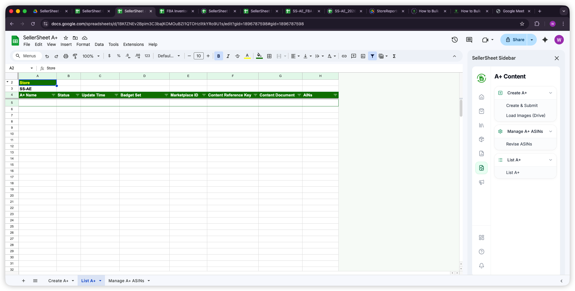List A+ sheet showing A+ content overview with status and content reference keys