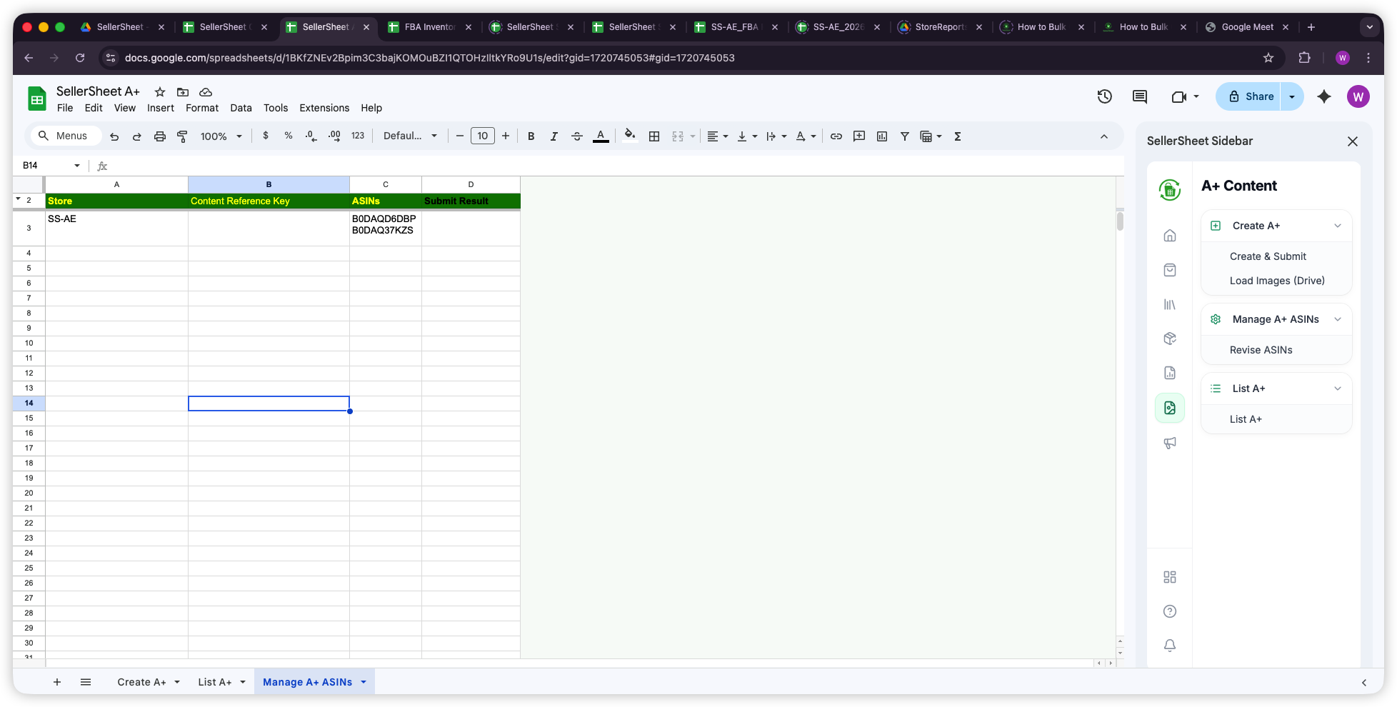 Manage A+ ASINs sheet showing ASIN assignments for A+ content
