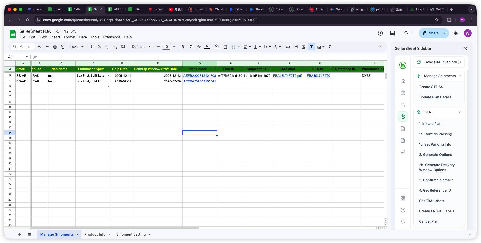 Manage Shipments sheet showing shipment tracking with sidebar