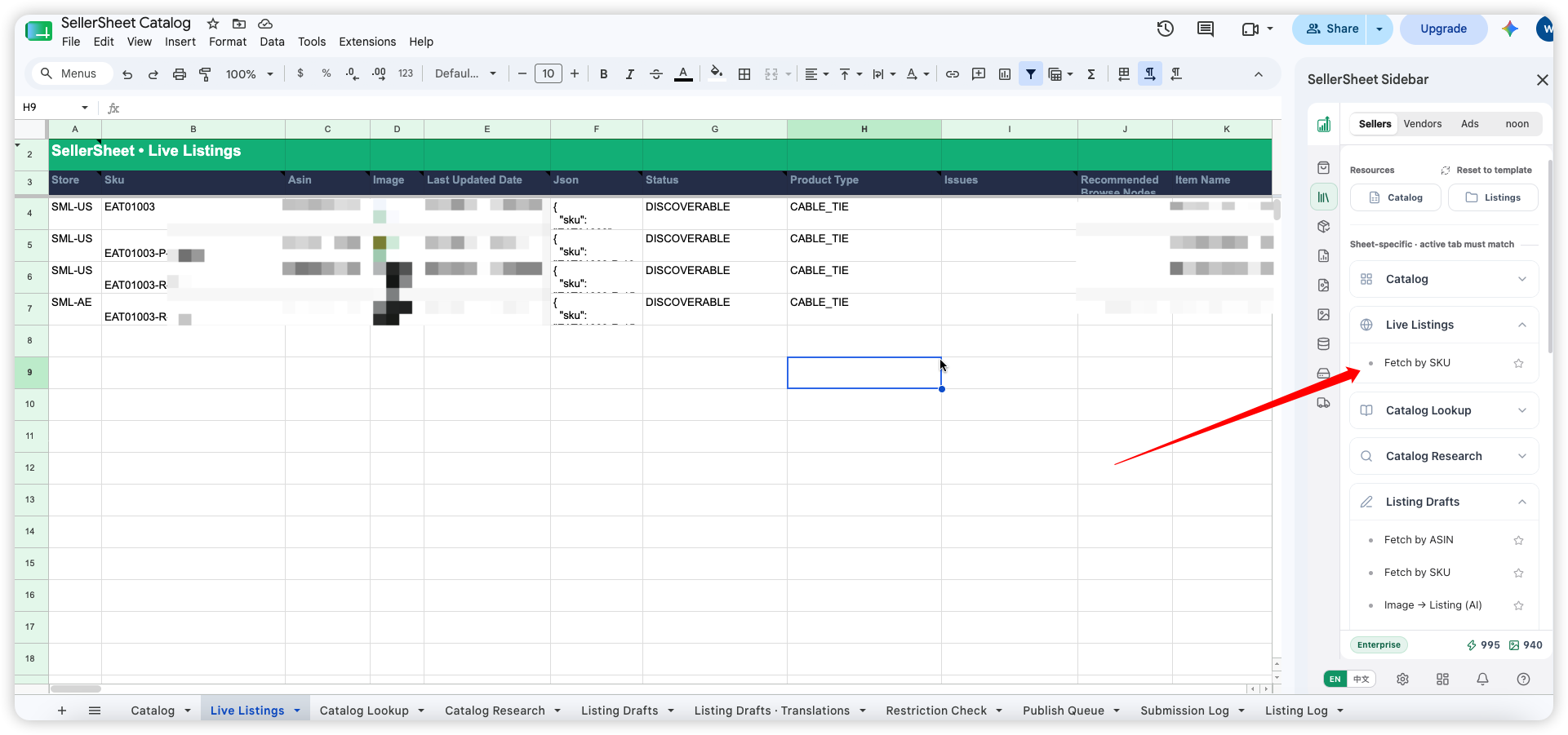 Live Listings tab with Fetch by SKU button in the SellerSheet sidebar