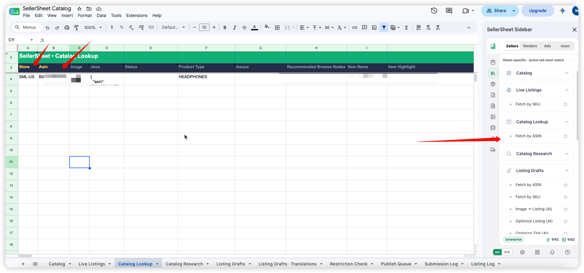Catalog Lookup tab with Fetch by ASIN button in the SellerSheet sidebar