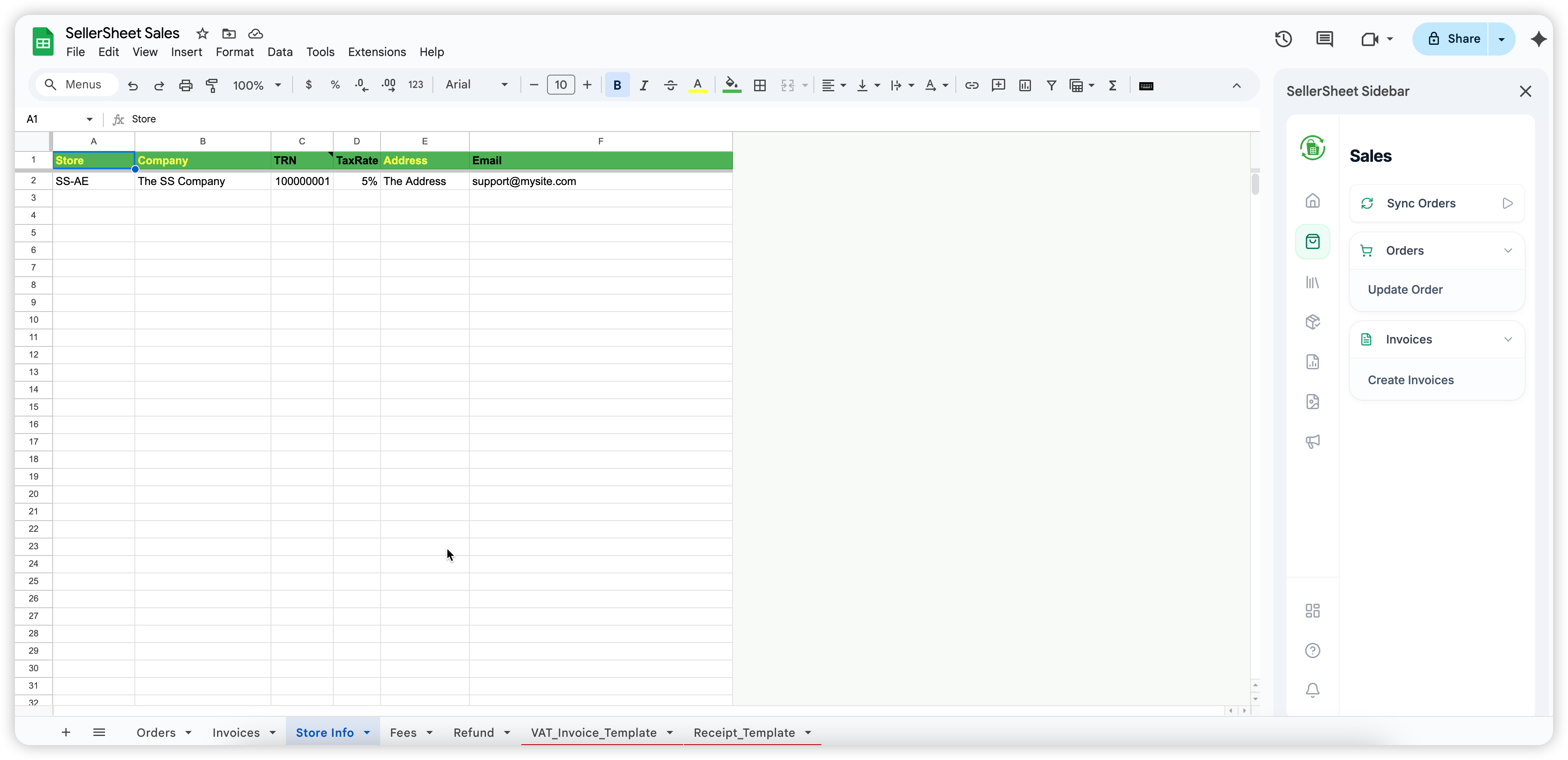 Store Info Sheet for Invoices