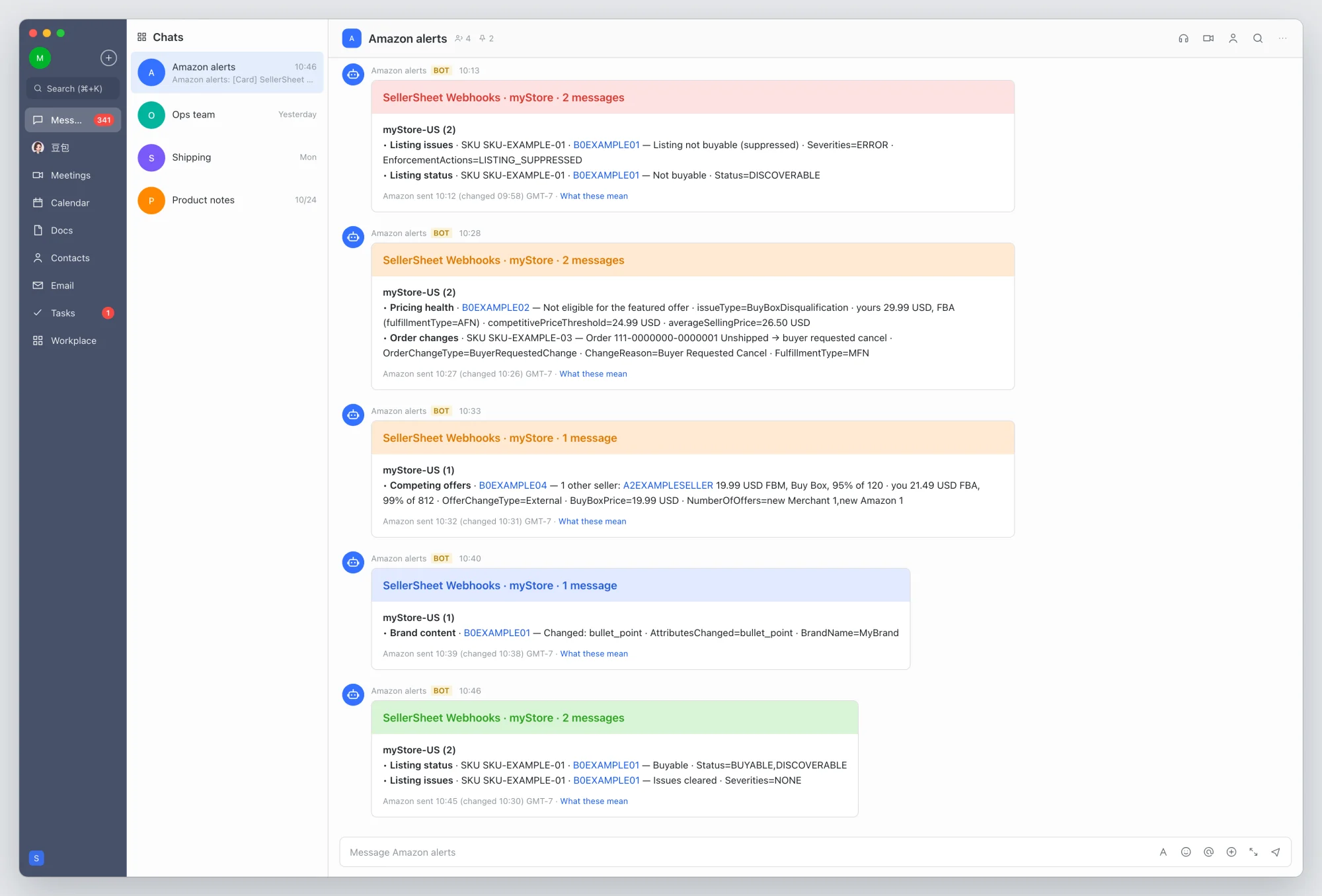 A Feishu group named Amazon alerts with five SellerSheet Webhooks cards from the group's bot, oldest first: red — a listing suppressed and not buyable; orange — pricing health and a buyer asking to cancel an order; orange — another seller holds the Buy Box; blue — brand content changed; green — the listing buyable again and its issues cleared