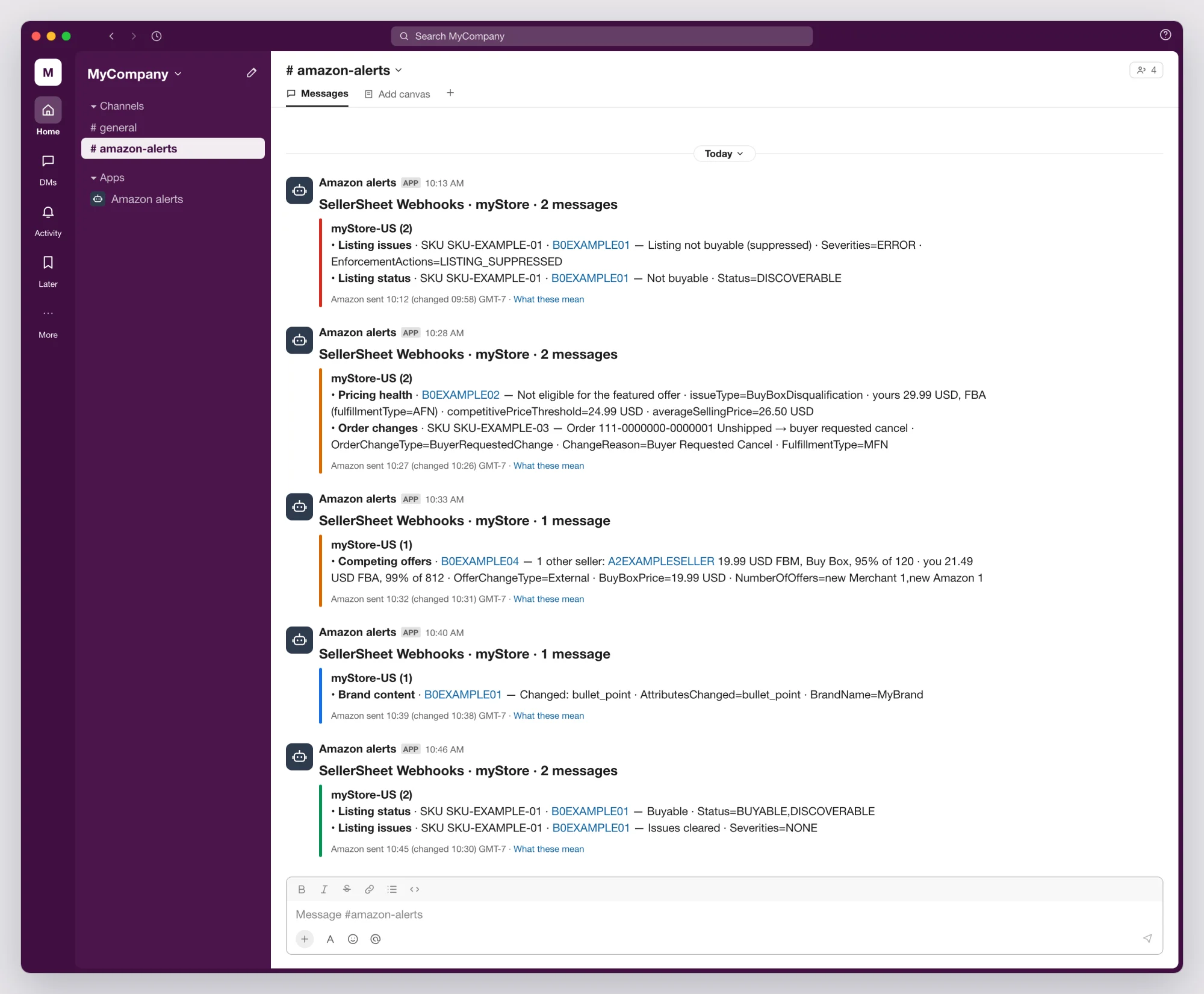The same five cards in a Slack channel, #amazon-alerts: each a bold title and a coloured side bar holding the store's lines and the footer