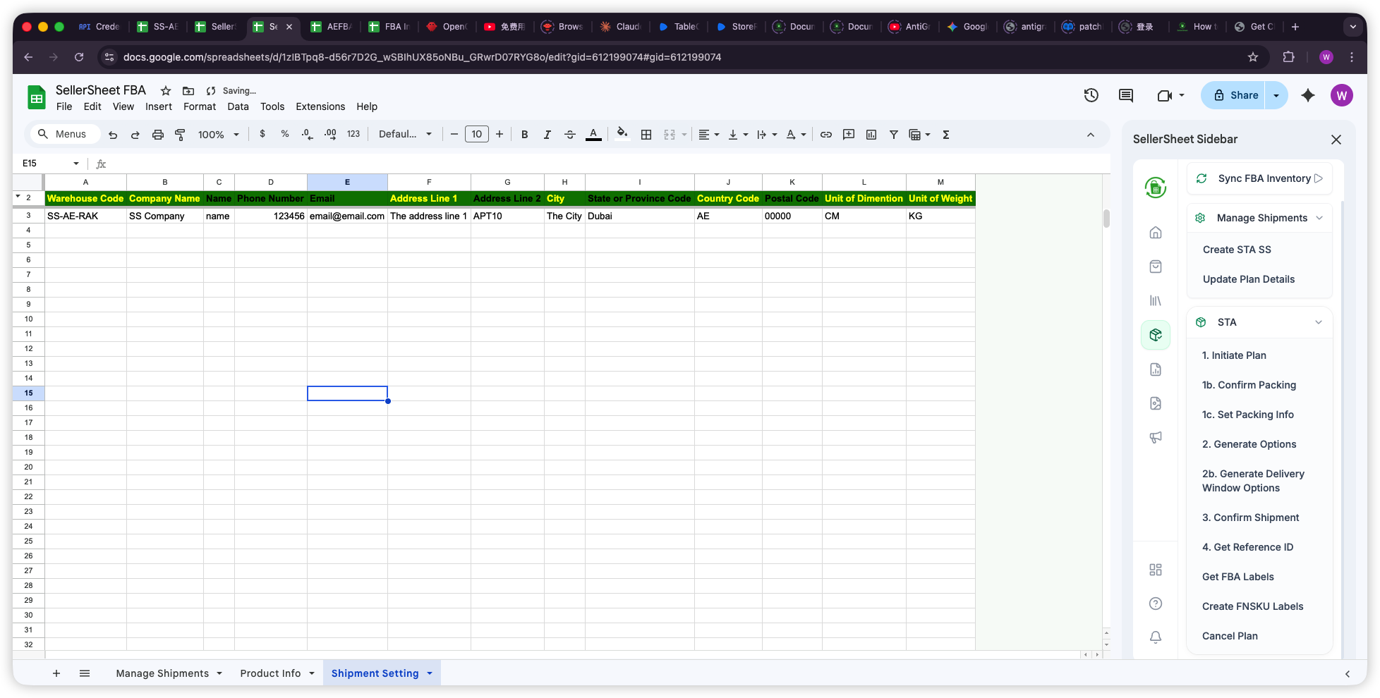 Shipment Setting sheet