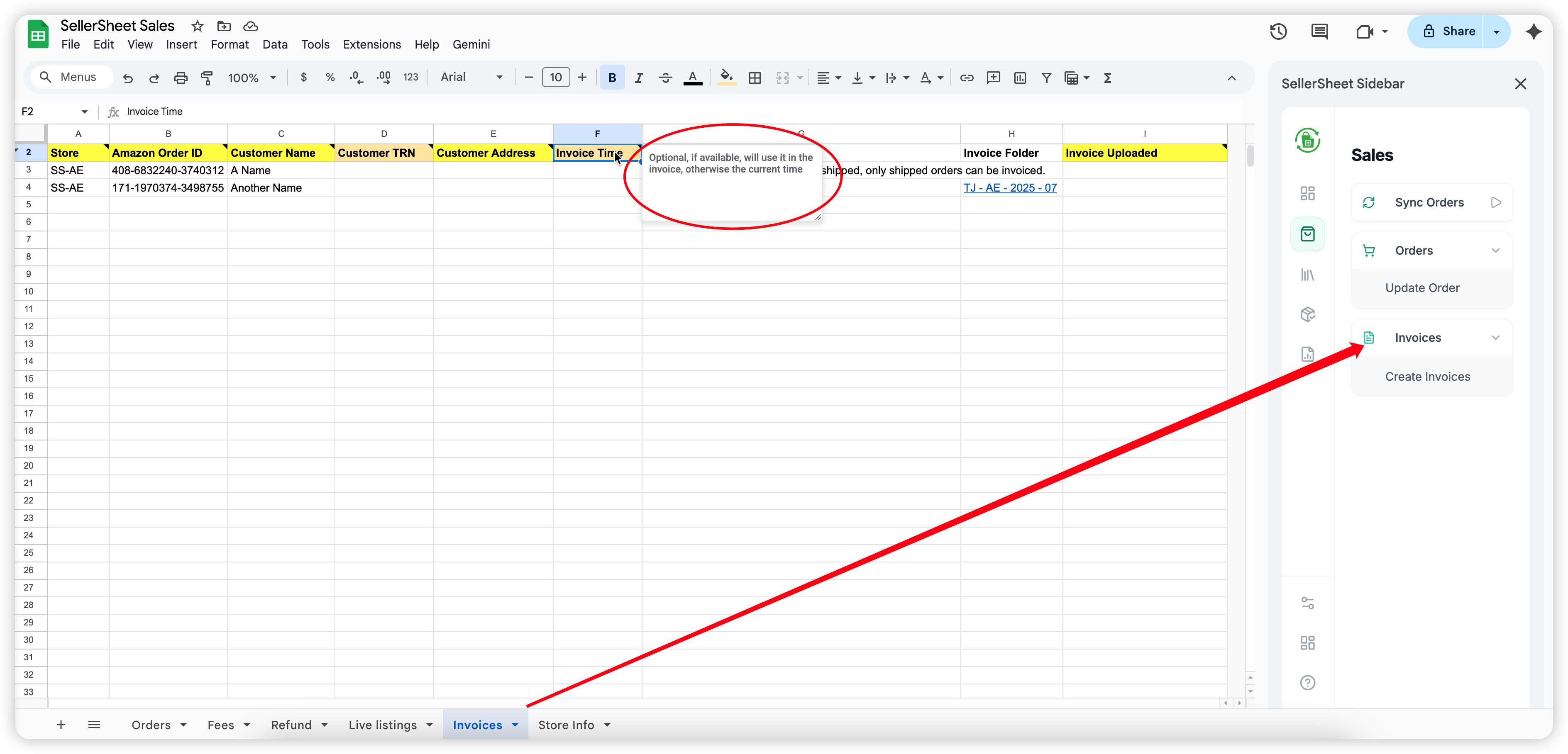 Sales Tab Sidebar and sheet view