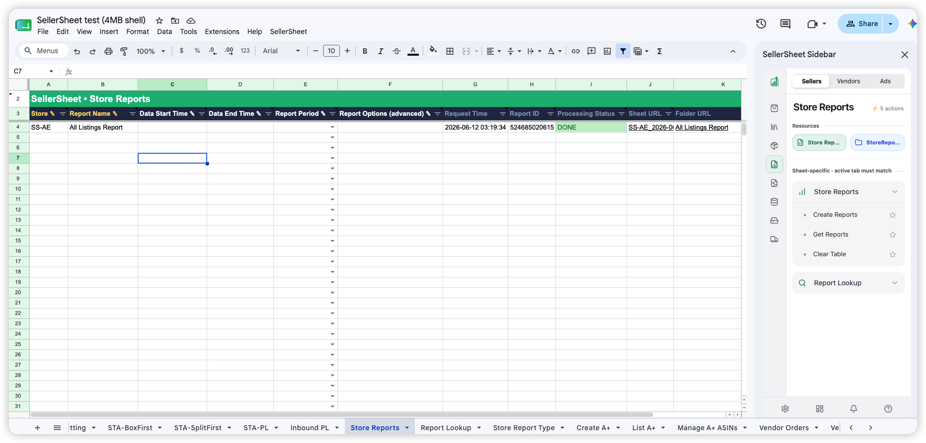 SellerSheet Sidebar — Sellers workspace, Store Reports panel with Resources links and sheet-specific action groups, next to the Store Reports template sheet