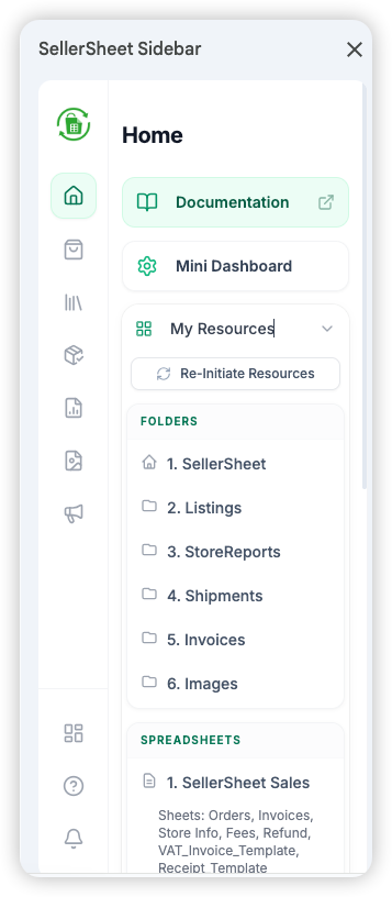 My Resources showing folders and spreadsheets with clickable links