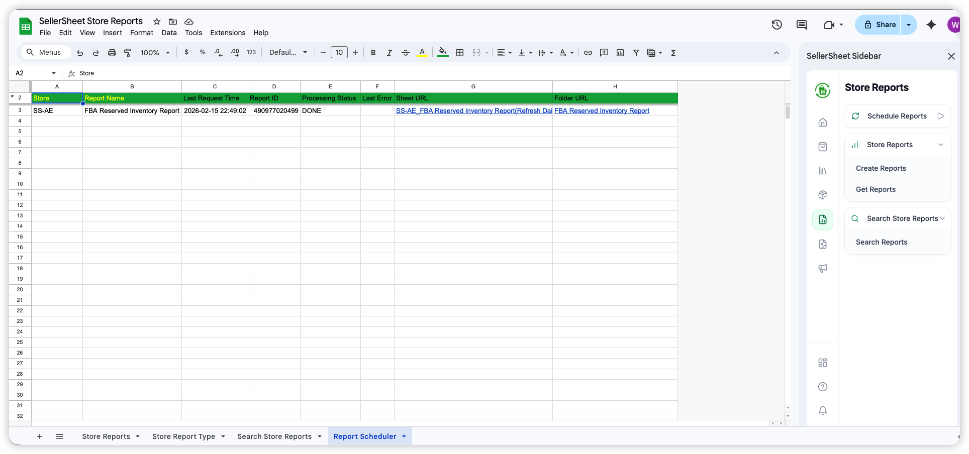 Report Scheduler sheet with scheduled reports showing status and download links