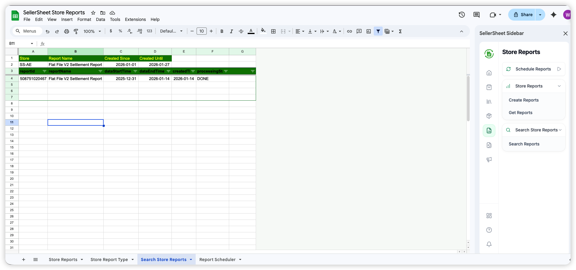 Search Store Reports sheet with search parameters and results
