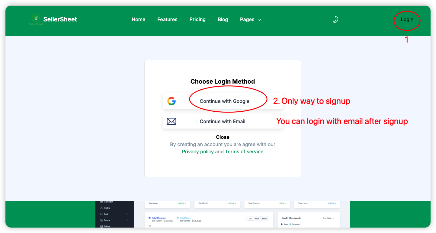 Login with Google button and user dashboard